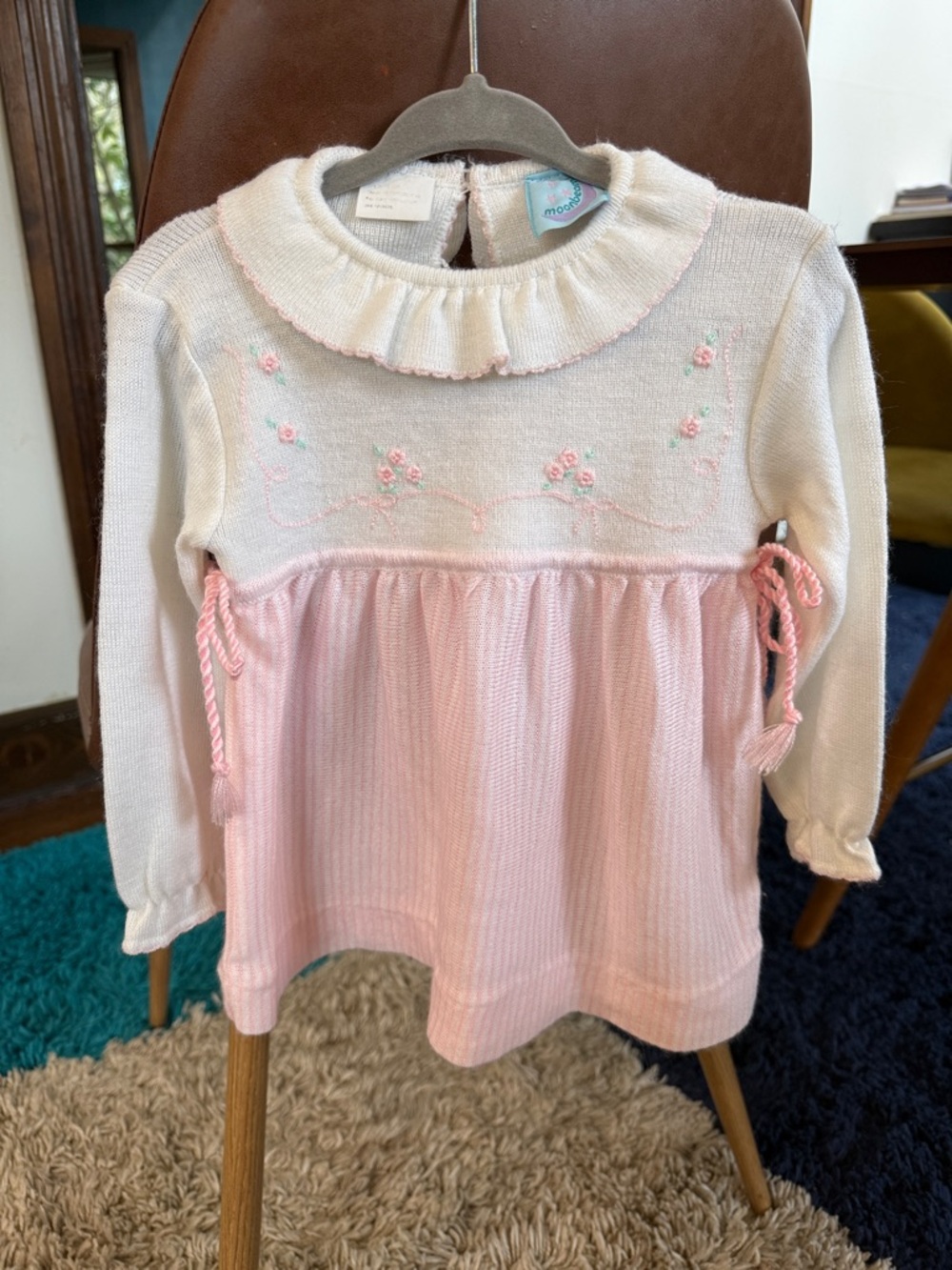Vintage Moonbeam Girls' Pink Cream Knit Ruffle Collar Embroidered Top or Dress